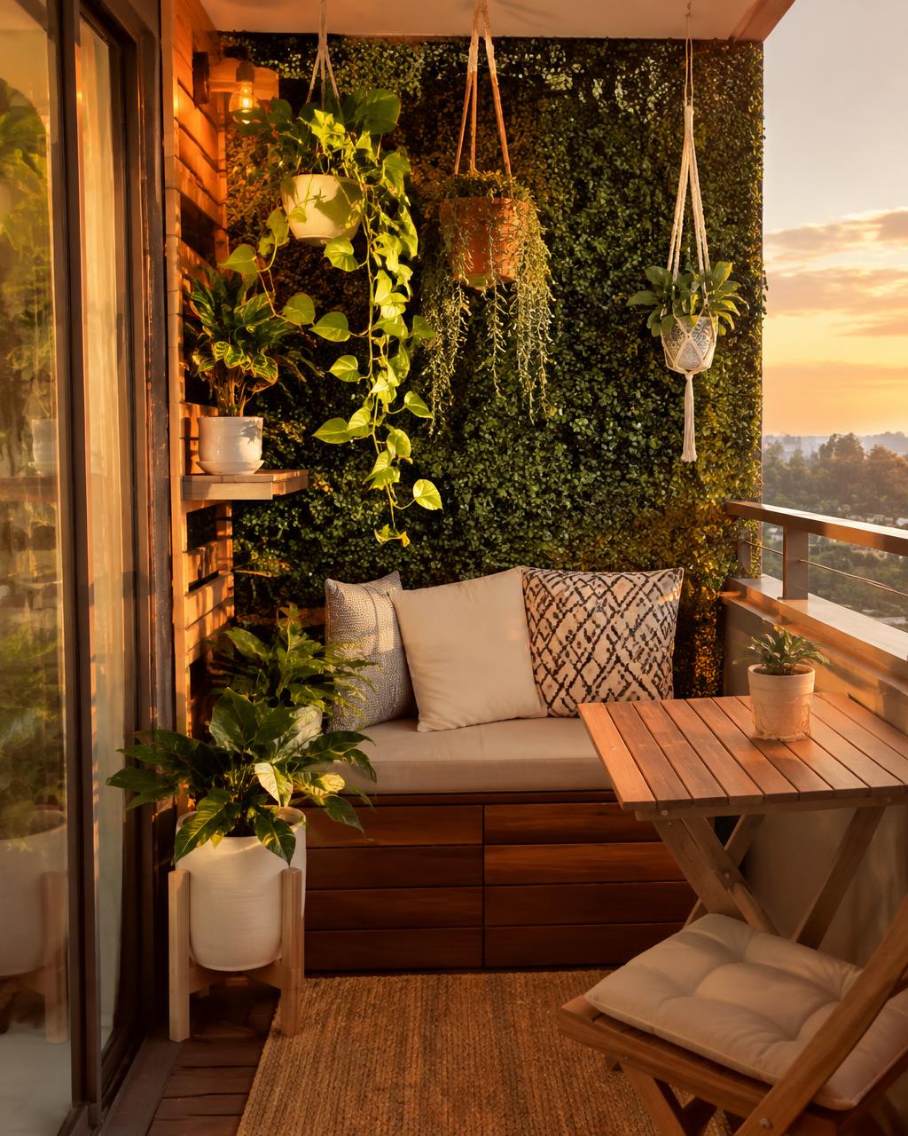 Balcón pequeño con muro verde, plantas colgantes y asiento