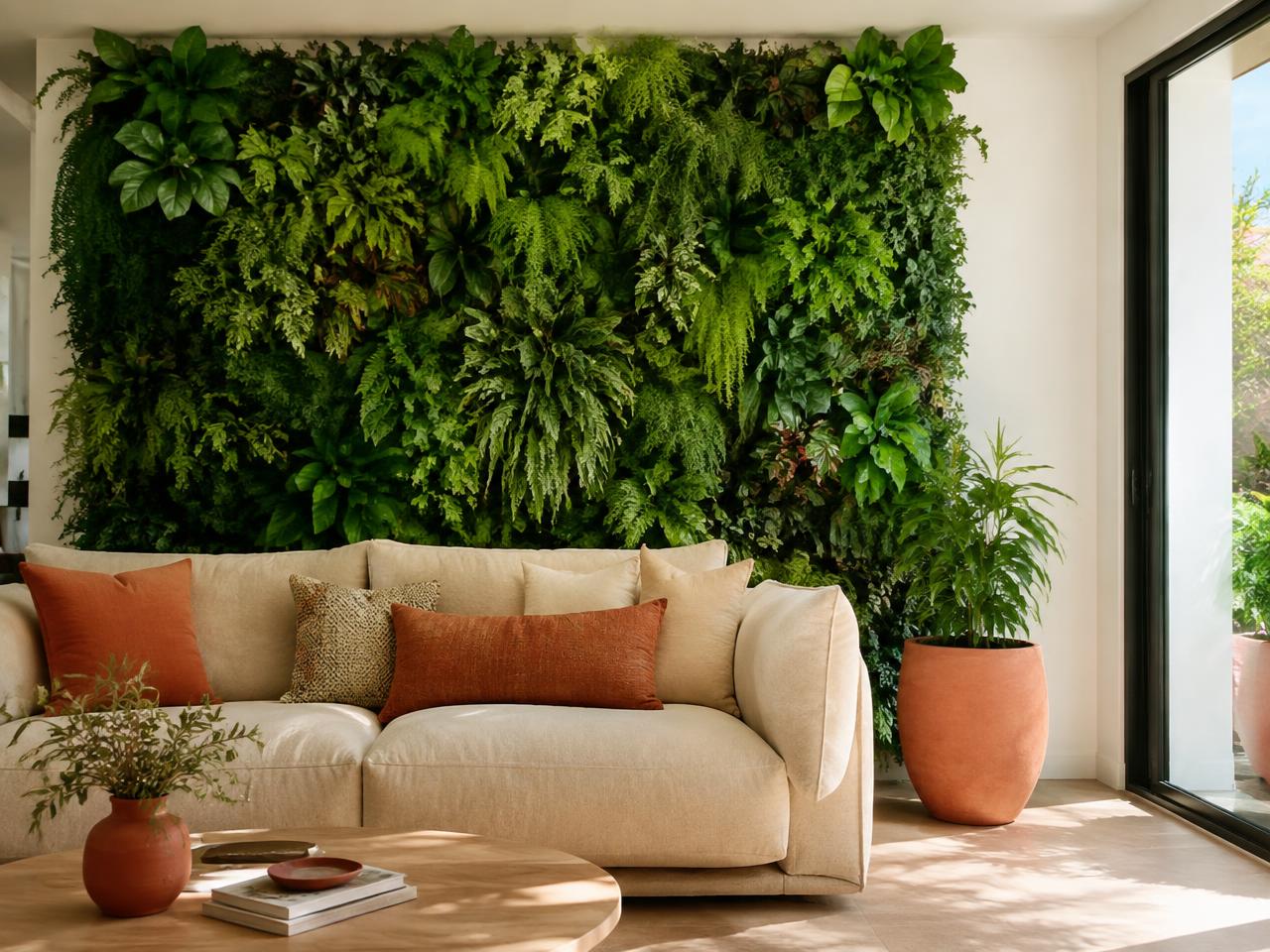 Salón con una pared cubierta de plantas y cojines terracota